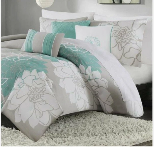 New Madison Park Lola 2 pcs Floral Geometric Comforter Set Queen Aqua Gray i82M - Image 3 of 3