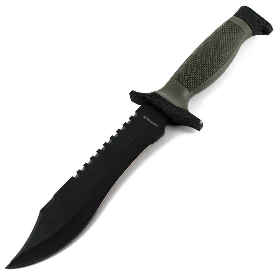 12" MILITARY SURVIVAL BOWIE HUNTING KNIFE w/ SHEATH Fixed Blade Army Green New - Image 2 of 4