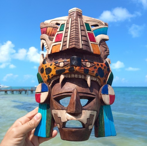 Handcrafted Aztec Wooden Wall Mask - Chichen Itza Symbolism for Room 12-inch - Picture 5 of 12