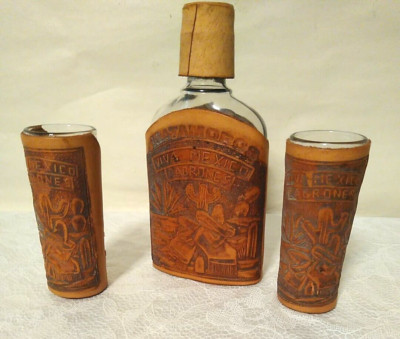 Vintage Set of Mexican Hand Tooled Embossed Leather Flask & Shot Glasses