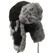 Extra Warm Black Trapper Hat Russian Winter Cap Ear Flaps Grey Rabbit Fur S-XL
