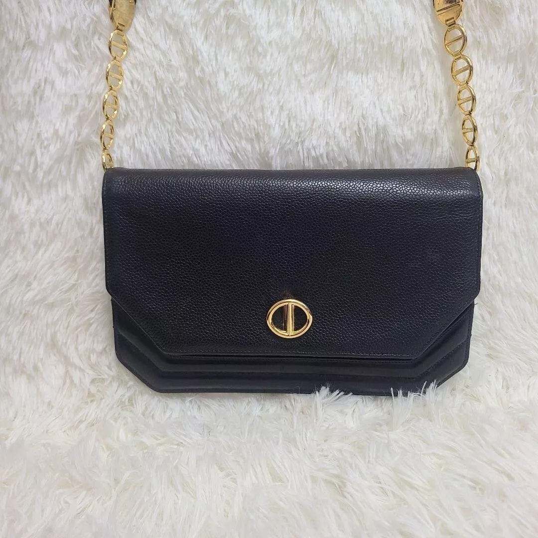 VINTAGE Christian Dior sac bandoulière cuir noir chaîne dorée occasion 202501M