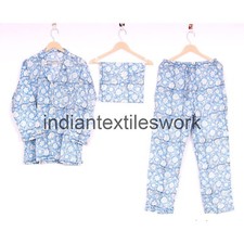 Hand Block Flower Print Cotton PJs Suit Indian Women Night Wear Dress CNS81