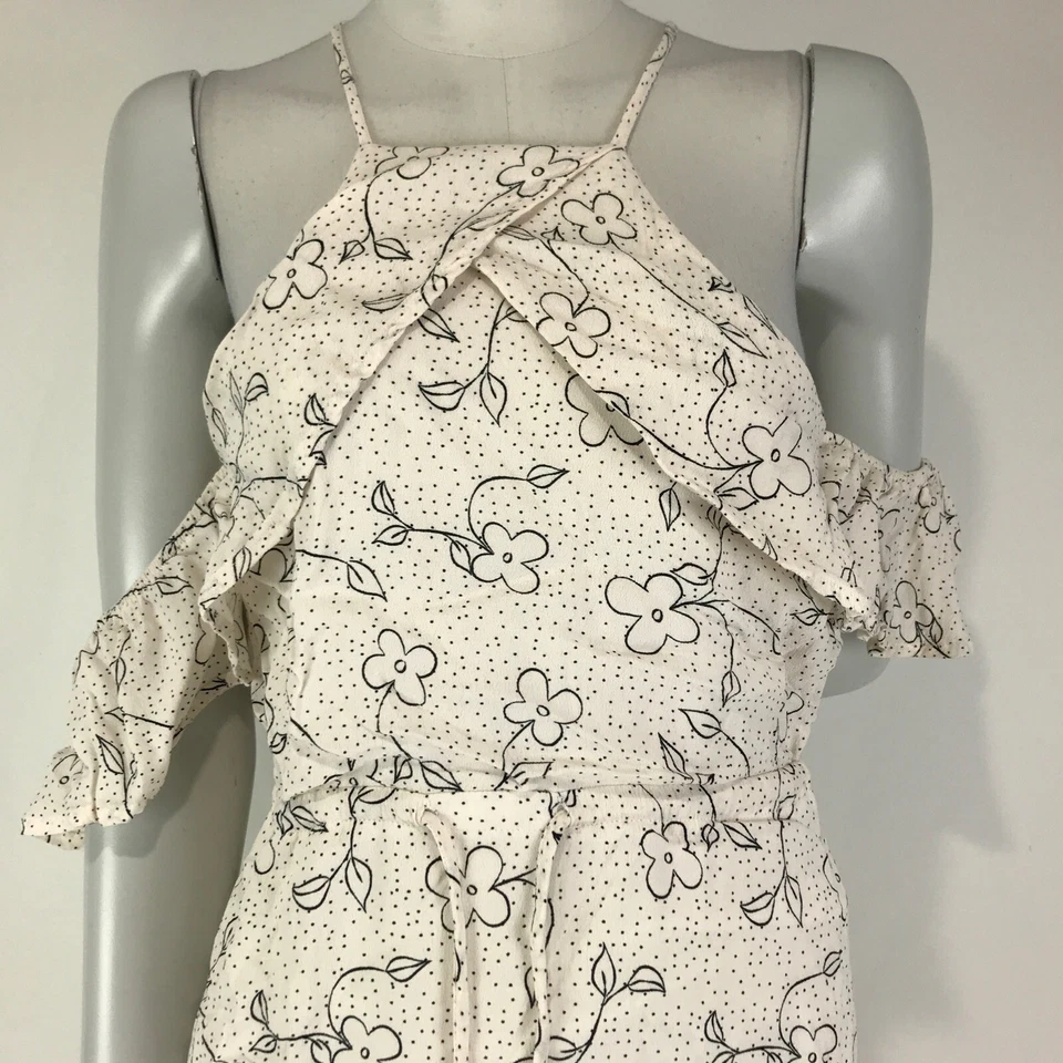 Swell Dress Ivory Size 12 Black Floral Halter Cold Shoulder Ruffle Sleeve Maxi - image 3 of 4