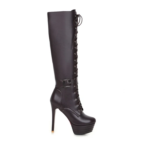 women Synthetic Leather High Heels Zipper Lace Up Shoes Knee Boots UK Size - Bild 14 von 43