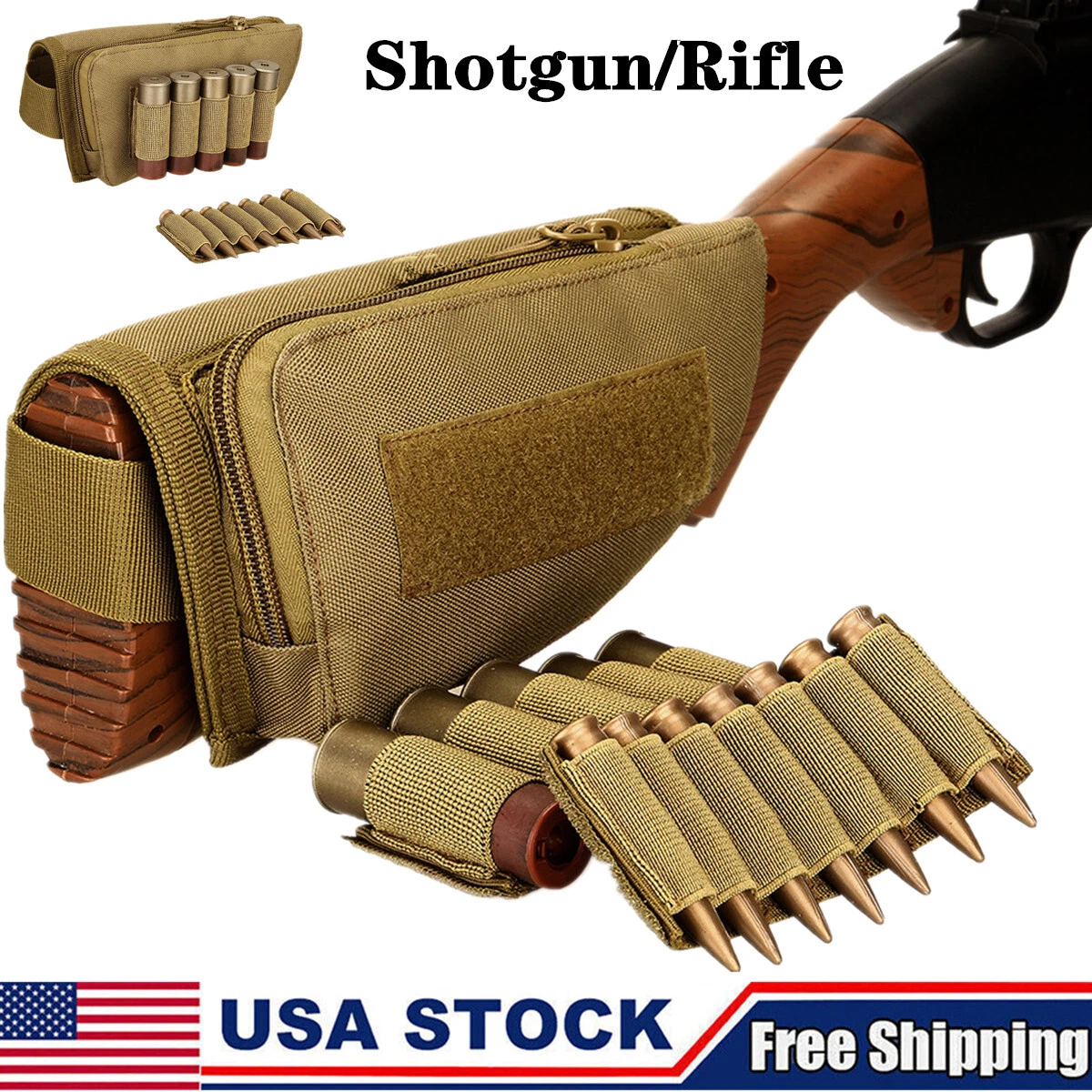 Buttstock Cheek Rest & Shell Holder Pouch For Rifle/Shotgun - Holds 12 Rounds, Tan Color, Nylon