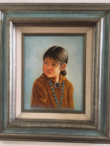 Vintage Native American Painting Young Girl Turquoise Beaded Cabin Art Cowboy - Picture 8 of 12