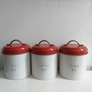 Red White Set Of 3 Enamel Tea Sugar Coffee Tins Storage Kitchen