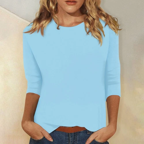 Women's Fashion Casual Three Quarter Sleeve T-Shirt Solid O-Neck Tops - Picture 5 of 6