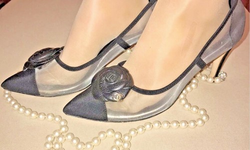 CHANEL COCO Mesh CC Floral Logo Black Pointed toe CC on Heel Pumps Size 41 - Picture 4 of 21