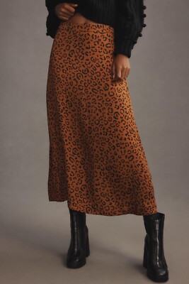 Farm Rio Anthropologie Leopard Animal Print Satin Midi Skirt Brown New M