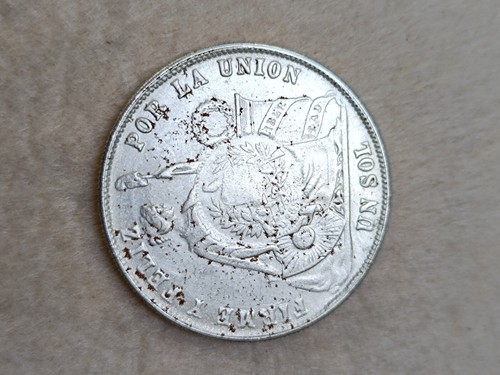 Peru Un Sol .90% Silver Coin AU 1871 Y.J. Mint Rare 1/2 Reale Counterstamp - Picture 9 of 17
