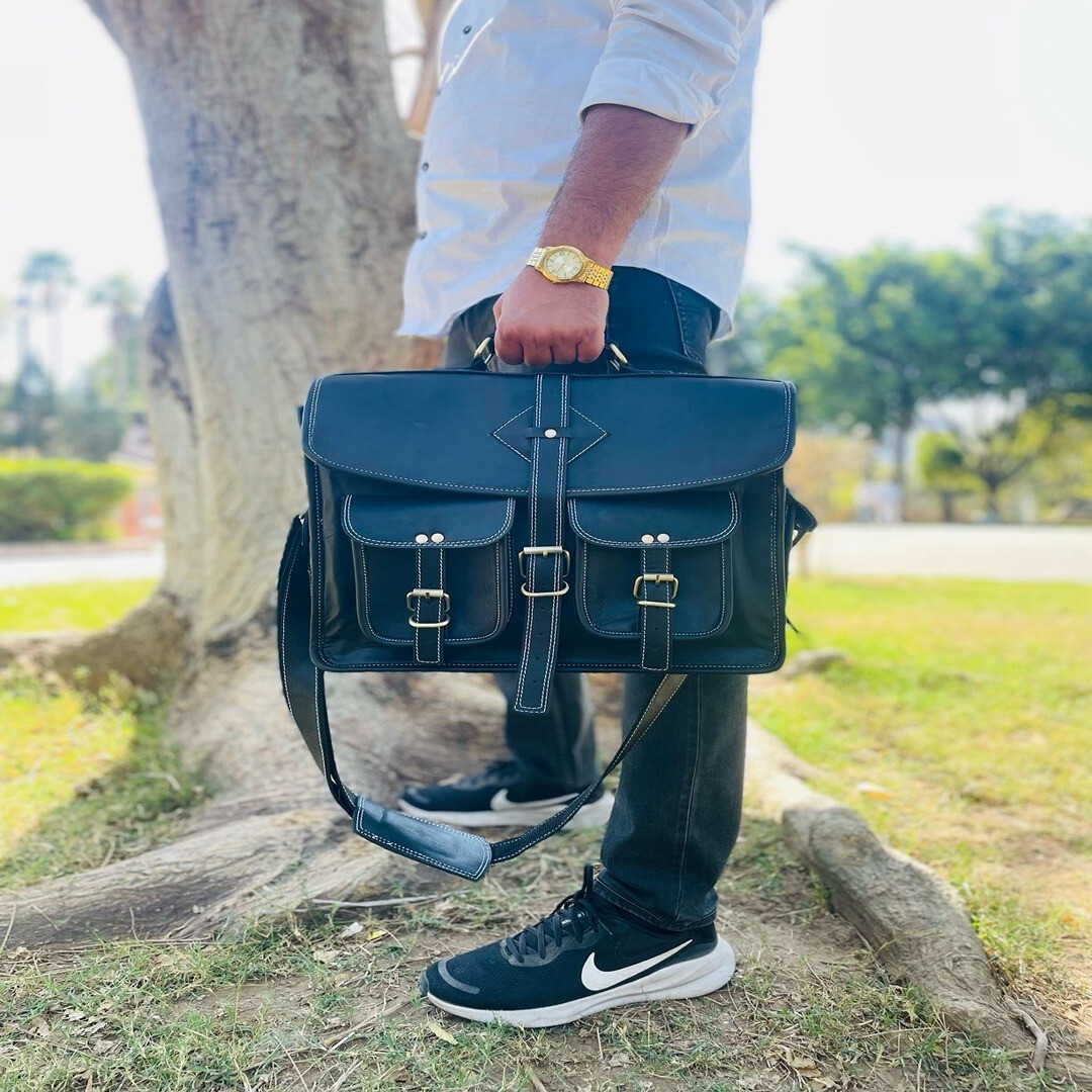 Handcrafted Black Laptop Messenger Bag With Top Handle & Adj