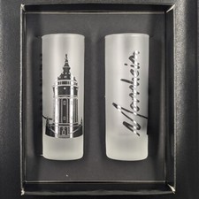 Zwei Wodkazylinder Likeurzylinder satiniert mit Dekor Mannheim Wasserturm