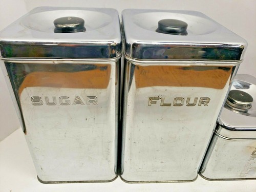 MCM Vintage Lincoln Beautyware Chrome Canister Set. Flour Sugar Coffee Tea. 9" - Picture 3 of 12