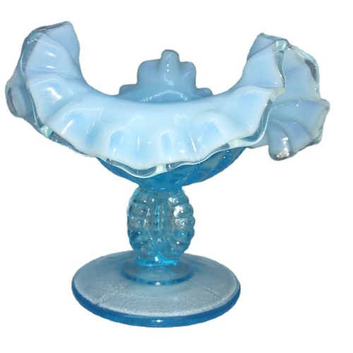 Vintage opalisierend Kompott blau Glasschale Perlen 4 Fuß Süßigkeiten Standfuß gekräuselt 5" - Bild 2 von 11