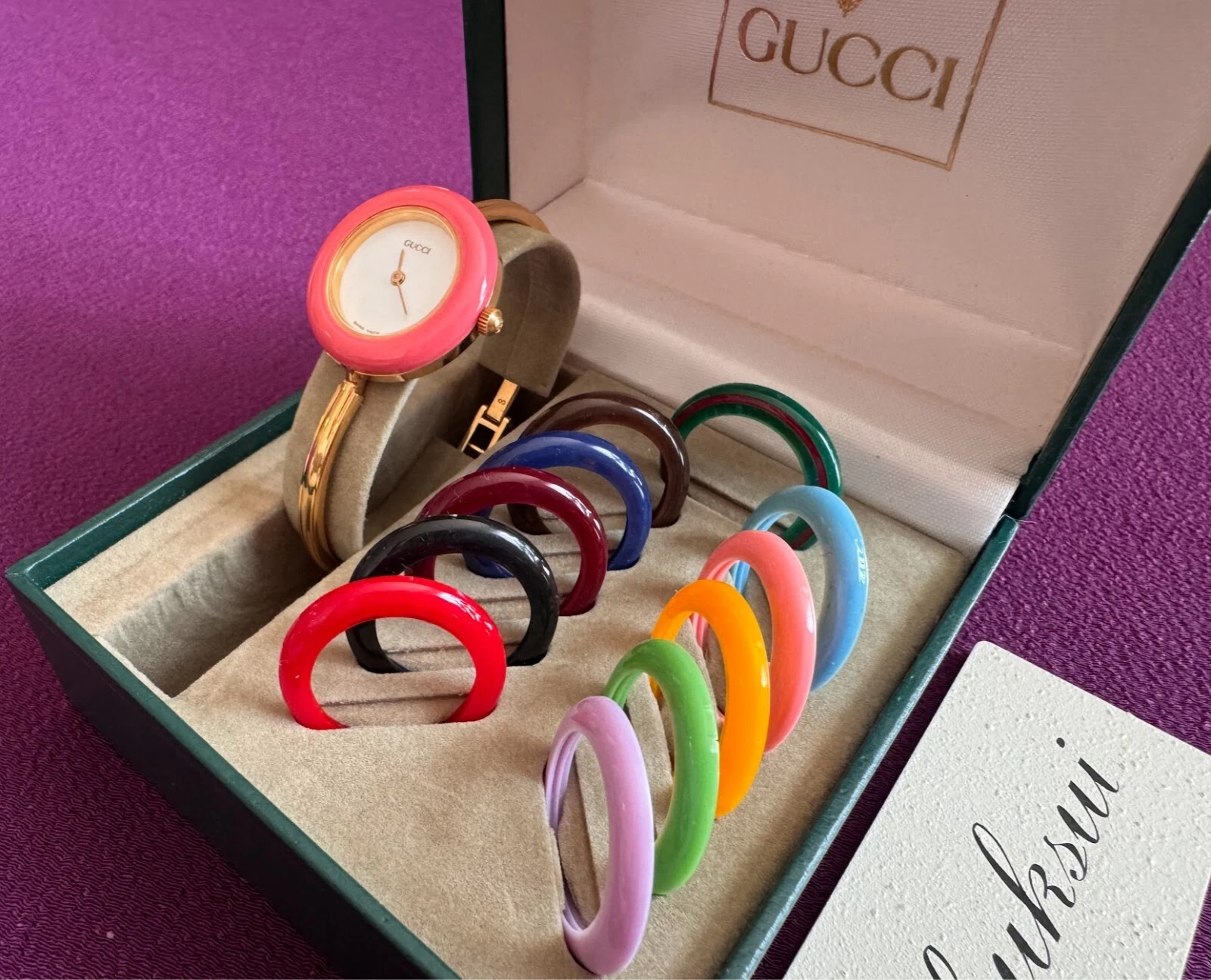 Gucci Lunette Change 12 Couleurs Quartz Or Femme Boîte Montre Bracelet Excellent