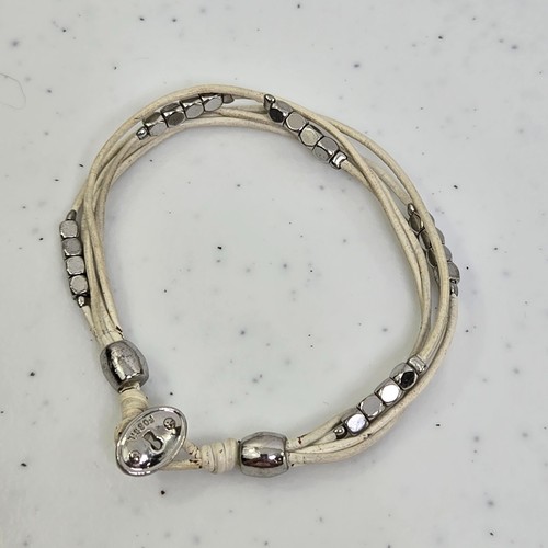 Fossil Leather Cord Bracelet White Silver Tone Beaded Multi Strand Boho
