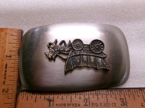 Vintage Covered Wagon Belt Buckle With Horses Two Tone Embossed Wagon Western - Picture 10 of 10