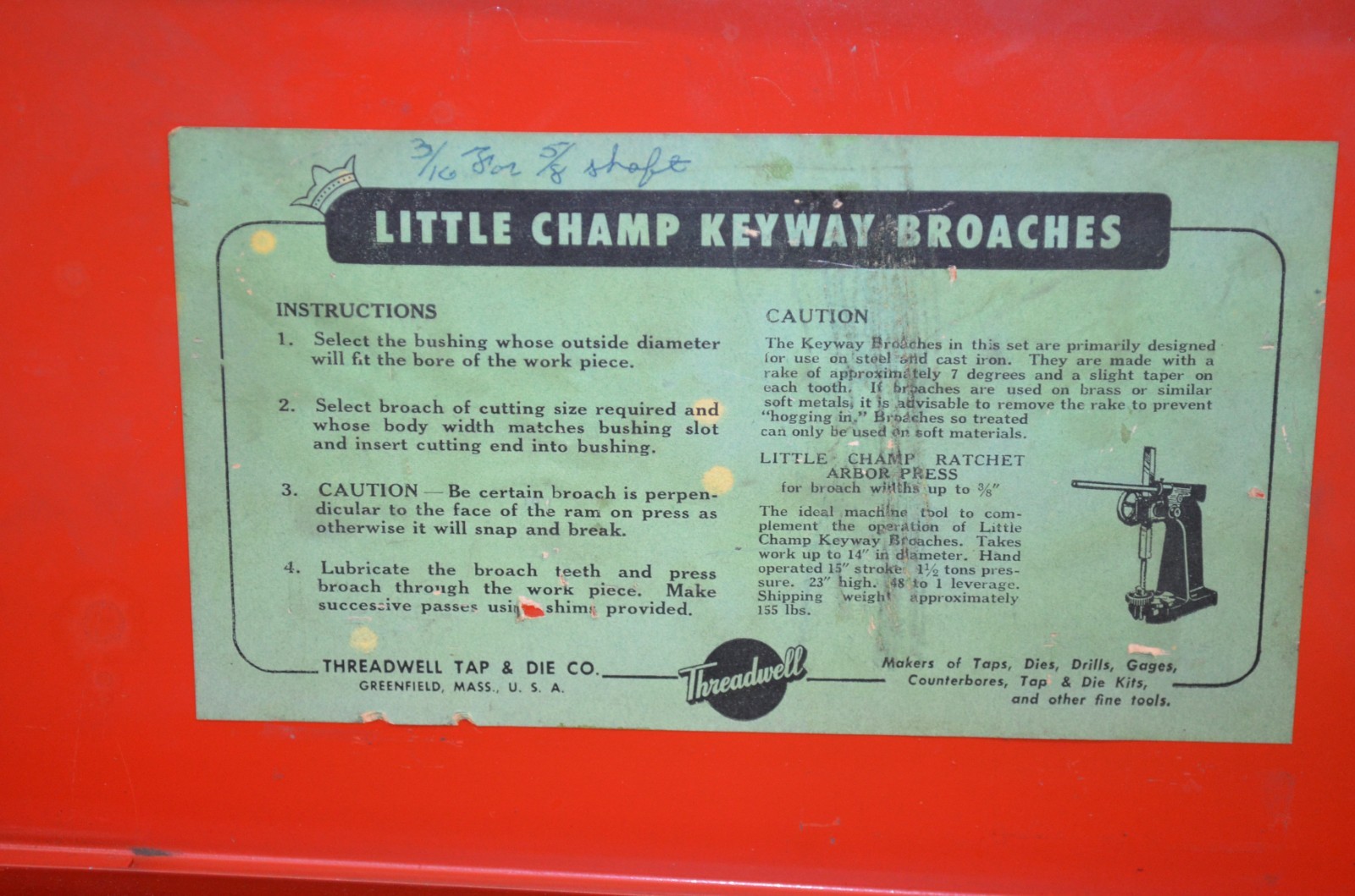 Threadwell High Speed Little Champ Keyway Broaches & Bushings Set 10-10A