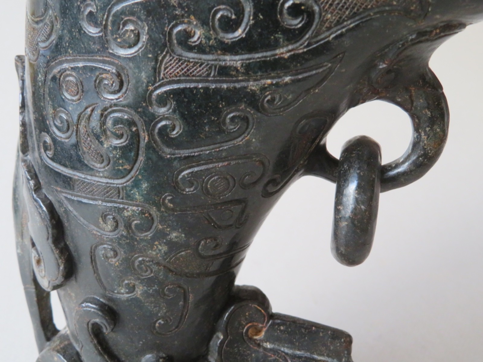 LARGE, UNUSUAL CHINESE PHOENIX RHYTON CUP --- BLACK JADE (TESTED) --- LATE QING