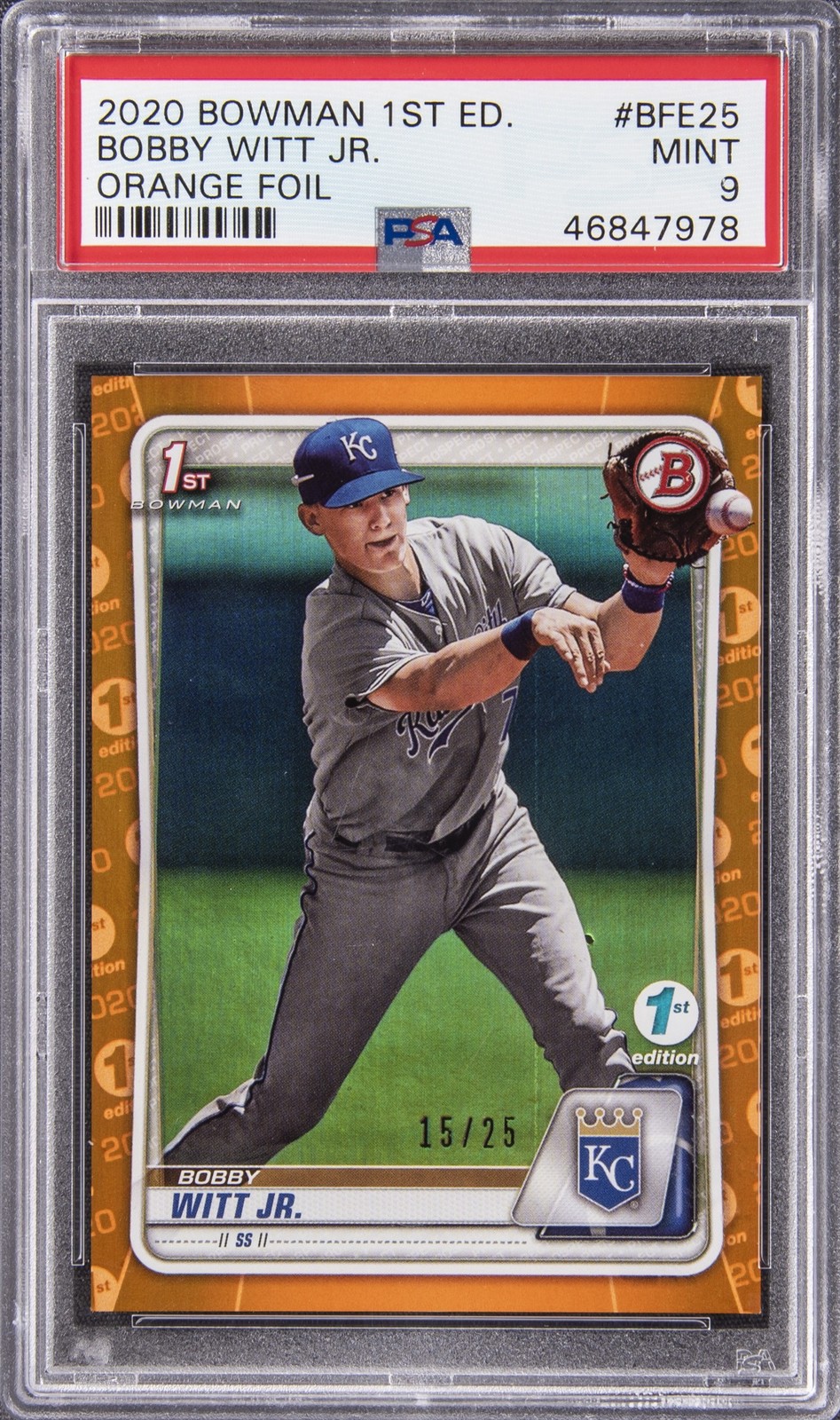 2020 BOWMAN 1ST ED ORANGE FOIL #BFE25 BOBBY WITT JR. 15/25 PSA 9