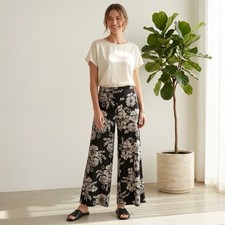 Clara Sun Woo Palazzo Pants Women  s Size M Pull On Wide Leg Stretch Floral Black