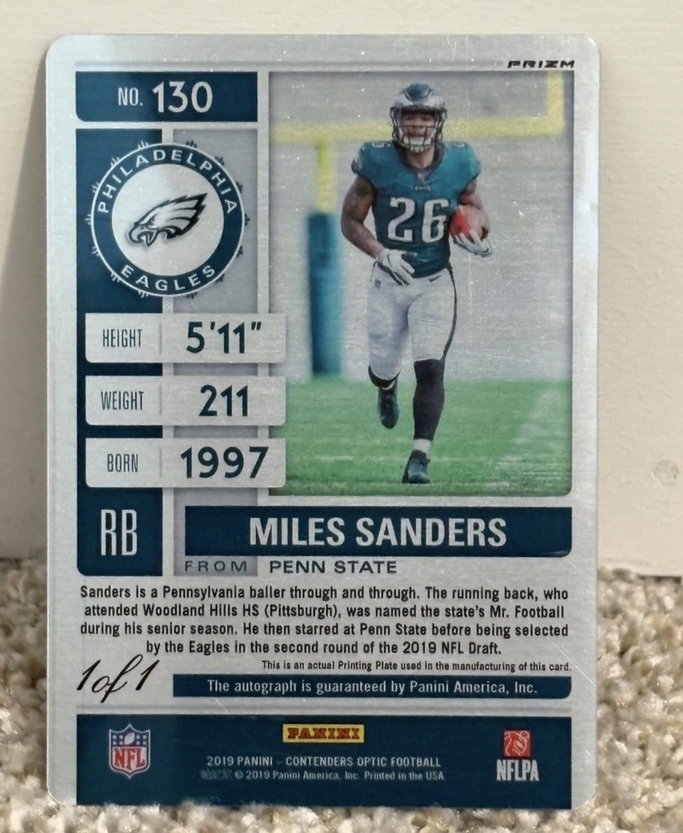 1/1💥🔥2019Panini ContendersOptic Rookie Ticket Miles SandersCyan Printing Plate view 1