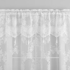 White Lace Curtain Attached Valance with 6 Beaded Tassels 1 Panel Vintage Flo...