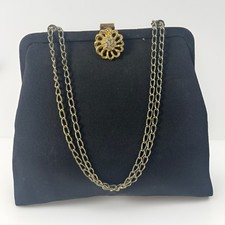 Vtg Admiral Black Clutch Evening Purse 7" Double Brass Drop Chain Brass Closure