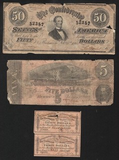 DEALERS LOT of (3) MIXED CONFEDERATE CURRENCY NOTES CIVIL WAR ERA MONEY 52357
