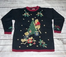 Vtg   Teddy Bears Christmas Sweater Black/Red Womens MED Embroidered  320518