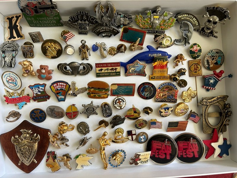 Vintage Pins Lot Military Motorcycle Travel USA Pop Culture Advertisement more!