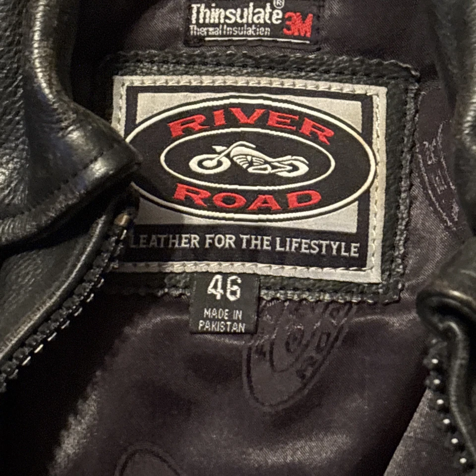 Chaqueta de cuero River Road para hombre 46 negra cremallera completa motocicleta motociclista bolsillos con cremallera Foto 4 de 4