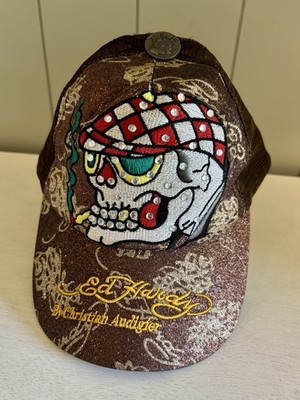 Vtg Y2K Ed Hardy Christian Audigier Brown Glitter Skull Embroidered Trucker Hat