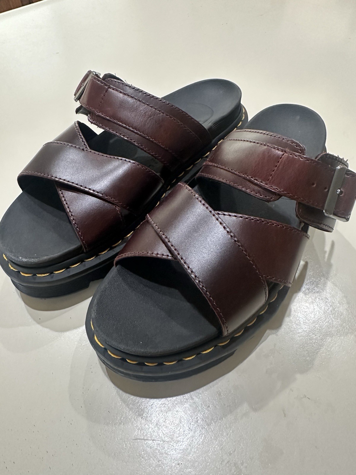 Dr. Martens Brown Leather Buckle Slide Sandals Men Adjustable Strap Comfort