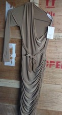 FEMME LUXE Sage One Shoulder Ruched Slinky Midi Dress -Tan- Sz. 6 NWT