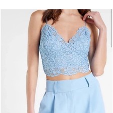 Express Women's Icy Blue Lace Smocked Cropped Sleeveless Cami Satin Straps Large