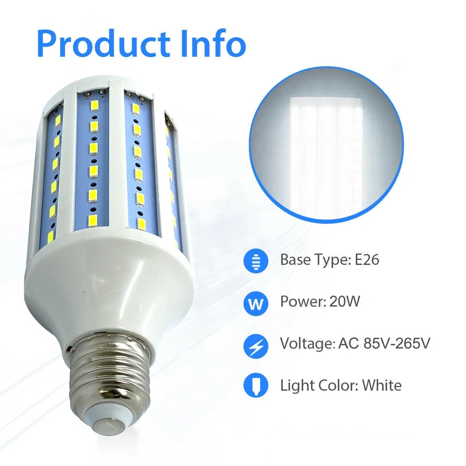 5PCS Super Bright LED Bulb 75-Chip Corn Light E26 20W Cool Daylight 6000K White - Image 3 of 4