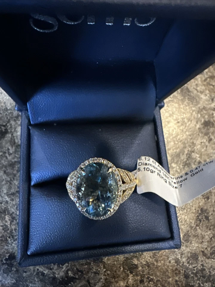 Кольцо с аквамарином 6,12 карата и бриллиантами общим весом 0,47 карата желтое золото 18 карат 5,10 г размер 7 - Изображение 4 из 4