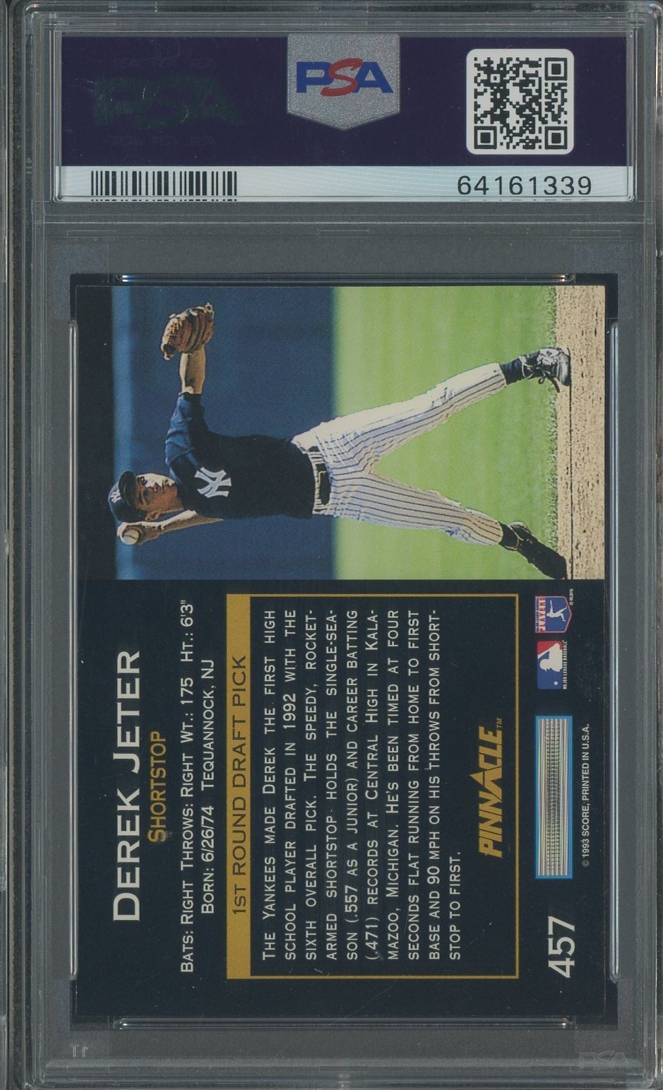 1993 Pinnacle #457 Derek Jeter New York Yankees RC Rookie HOF PSA 9 MINT view 2