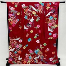 Japanese Kimono Furisode red floral Free shipping Vintage 5069