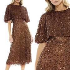New Mac Duggal Cape Sleeve Beaded Sequined Evening Dress Copper Brown Size 20