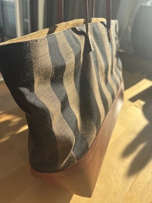 Fendi Pequin gestreifte Canvas-Leder Shopper Tote | Innen teilweise Wildleder