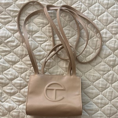 Telfar Tan Small Shopper Crossbody Bag Logo Pattern Magnetic Closure Beige Lined