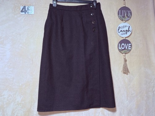 HARVE BENARD Dark Brown Button Front Smooth 100% Wool Wrap Dress Skirt Sz 8 - Picture 2 of 10