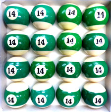  14 BILLIARD BALLS BOX OF 16 REGULATION SIZE 2 1/4"  WEIGHT GREEN/WHITE STRIPE
