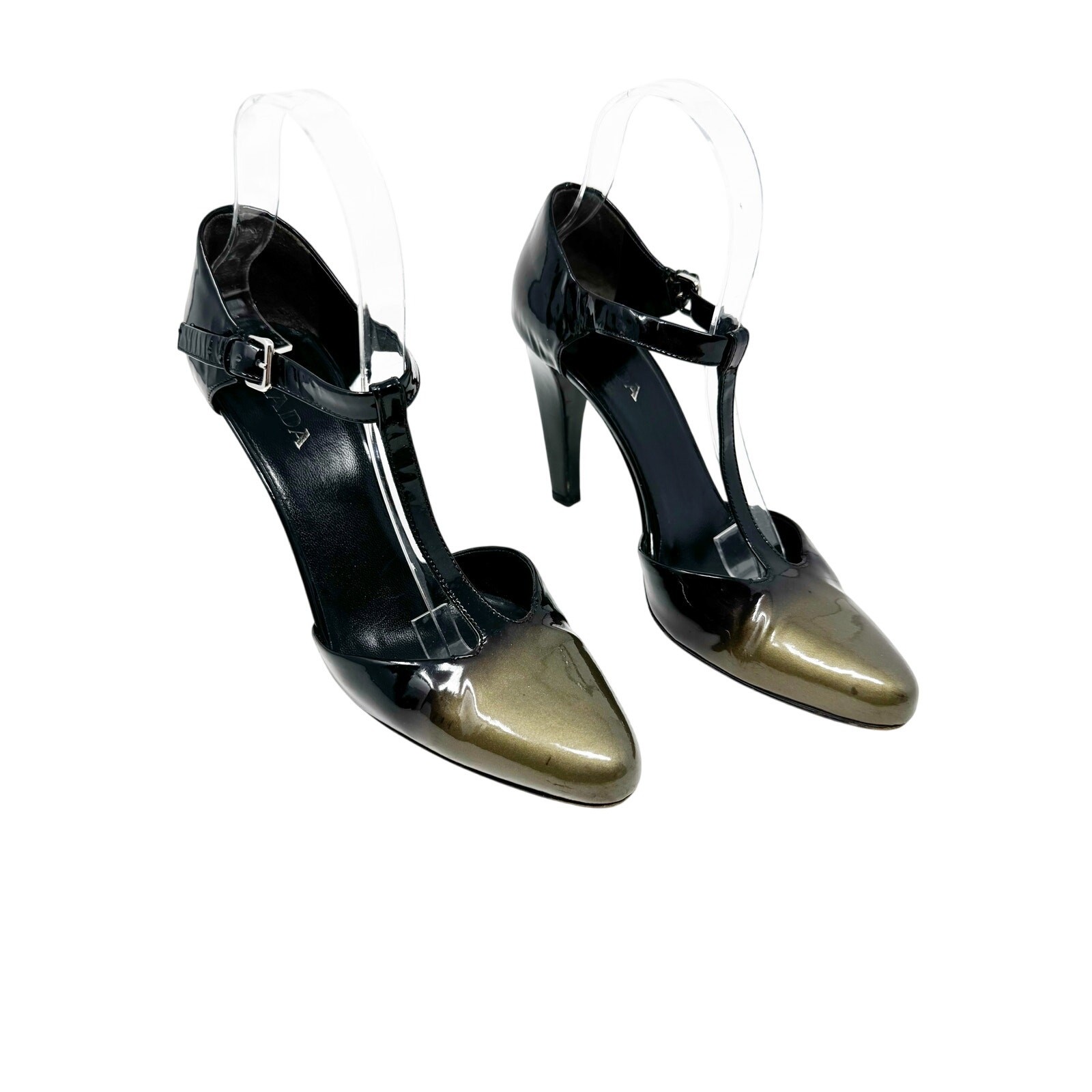 Prada Black Patent Leather T-Strap Metallic Ombre Toe Pumps Heels EU 38.5