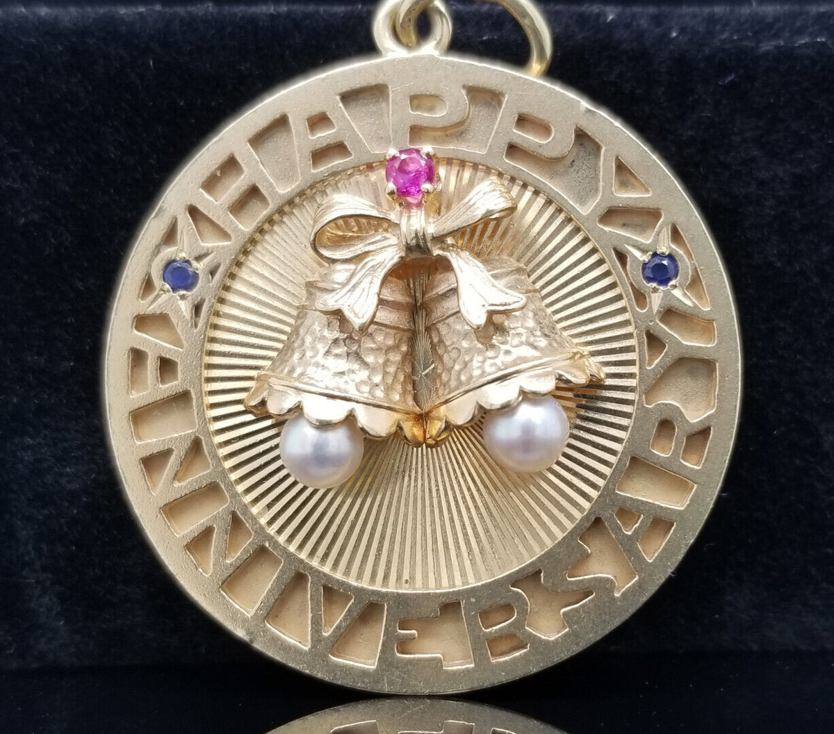 Vintage 14K Gold ~DANKNER HAPPY ANNIVERSARY BELLS JeWeLeD~ Charm Pendant  14grams