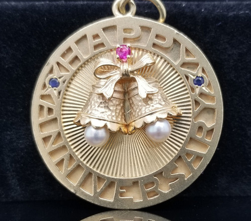14K Gold DANKNER HAPPY ANNIVERSARY WEDDING BELLS Jeweled Charm Pendant 14grams